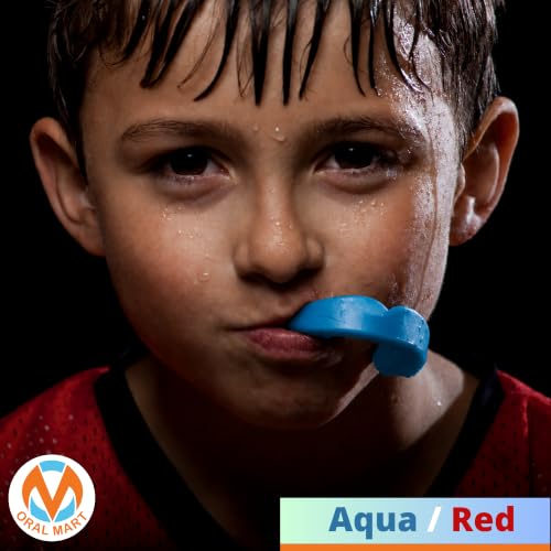 Oral Mart Youth Sports Mouth Guard for Kids (USA Flag, Fangs, 20+ Colors to Choose from) Mouthguard for Football, MMA, Karate, Boxing, Rugby, BJJ, Flag Football – /w Case (Youth, Strapless) - color: Aqua/Red