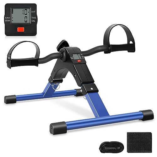 Uten Folding Pedal Exerciser, Under Desk Bike Pedal Exerciser, Mini Under Desk Exercise Bike Foot Hand Cycle Portable, Arm and Leg Exercise Peddler Machine with LCD Monitor - color: B-Blue