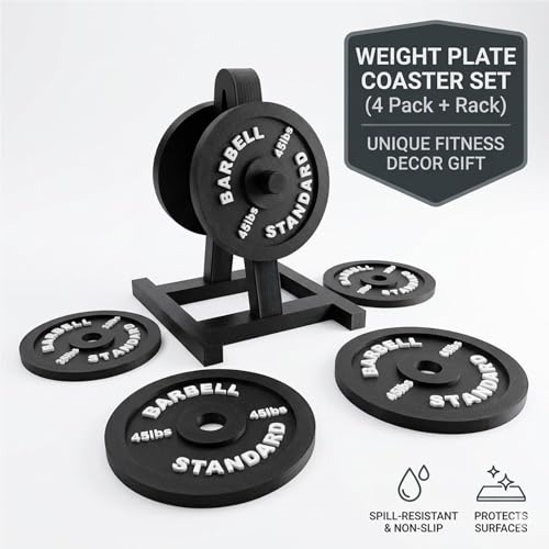 Weight Plate Coaster Set of 4 with Weight Rack Holder-Fun Drink Coasters for Gym Lovers & Fitness Enthusiasts-Unique Lifting Decor Gift for Home,Office, Man Cave-Heavy Duty & Durable,and Lightweight.