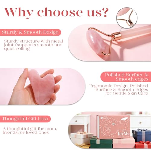 BAIMEI IcyMe Rose Quartz Roller & Gua Sha Set, Cooling Face Roller for Depuffing & Lymphatic Massage, Sculpting Tool for Face, Eyes & Neck, Smooth Skincare Gift for Women and Men - color: Pink
