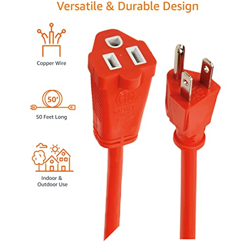 Amazon Basics 50-Foot 3-Prong Indoor/Outdoor Extension Cord, Heavy-Duty, 13 Amps, 1625 Watts, 125 VAC, Orange - color: Orange, size: 50 ft