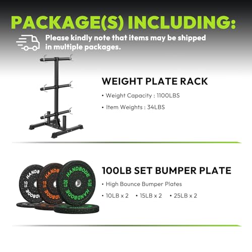 HANDBODE Weight Plate Rack with Barbell Storage, 1100 lbs Capacity | 6-Peg Vertical Holder for 1- or 2-Inch Plates, Heavy-Duty Organizer for Home Gym - style: 100 LB - Set with Rack