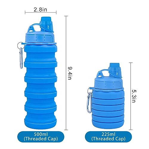 Collapsible Water Bottles Travel water bottle Sports Portable Sport Water Bottle Reusable Water Bottles comes with mountaineering Buckle 500ml silicone Water-proof camping water bottle - color: Blue+Grey, style: 2 pack