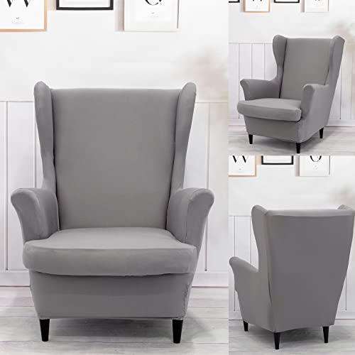 NILUOH Wingback Chair Cover 2-Piece Soft Stretch Wing Chair Slipcover Solid Color Armchair Sofa Couch Cover Furniture Protector with Elastic Bottom for Living Room Bedroom (Light Grey) - color: Light Grey
