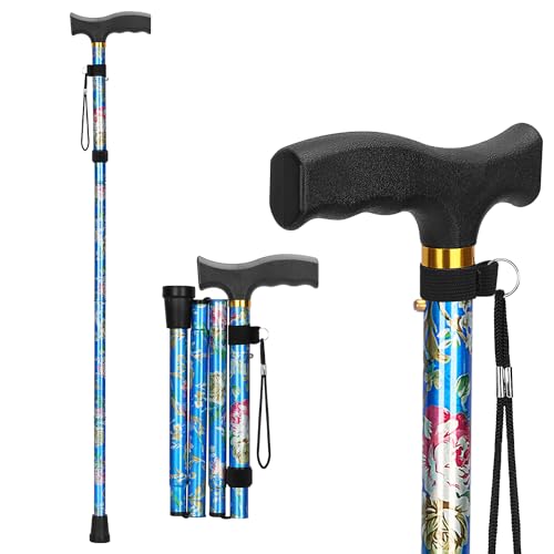 supregear Folding Cane, Lightweight 5-Level Adjustable Walking Stick with Wrist Strap and T-Handle, Portable Mobility Aid for Elderly and Disabled Men and Women - color: Floral Blue
