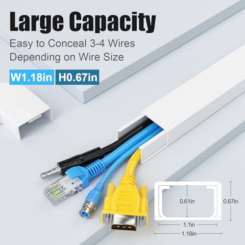 Yecaye Cord Hider, 113in Large Cord Covers for Wires on Wall, Cord Organizer for 3-4 Wires, Easy Install Cable Management Kit, TV Wire Hider for Home Office, W1.18in H0.67in, White - color: White, size: 113in L x 1.18in W x 0.67in H
