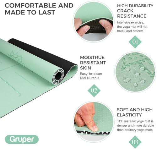 Gruper Yoga Mat Non Slip TPE Extra Wide Yoga Mat with Alignment Mark, 72"L x 32"W x 0.32"/0.24"Th (183cm x 80cm x 8mm/6mm), Anti-Tear Exercise Mat with Carrying Strap and Bag, Workout Mats for Yoga, Pilates - color: Green Black, size: 0.24*32*72 Inches