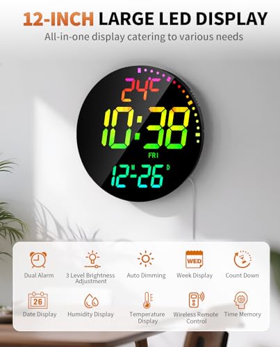 12" Large Digital Wall Mount Clock, Count Down Timer, Alarm, Big LED, 12 RGB Color, Temperature for Living Room Classroom Desk, Xmas, Birthday Gift for Senior Mom Dad (Round) - style: Black shell - Basic