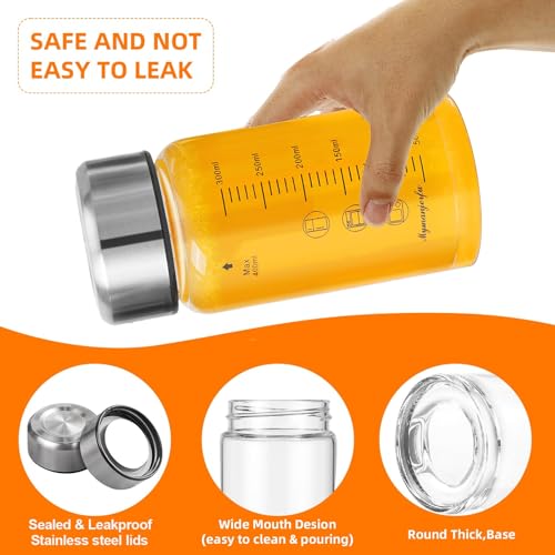 Glass Juice Bottles 4 Pack 12 oz - Wide Mouth Glass Water Bottles with Lids - for Juicing, Smoothies, Milk, Protein, BPA Free, Reusable, Stainless Steel Lids, Leak Proof, Shaker bottle (400 ml) - color: 4-Pack, size: 12 oz/400 ml