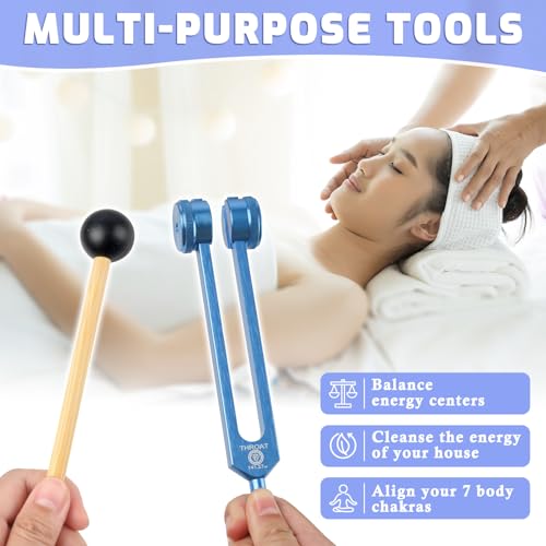 Tuning Fork Healing Set of 8 Colors (126.22Hz, 136.1Hz, 141.27Hz, 172.06Hz, 194.18Hz, 210.42Hz, 221.23Hz, 272.2Hz), Sound Therapy Aluminum Chakra Forks with Reflex Hammer, and Exquisite Package - color: 8 Pcs - Multicolor