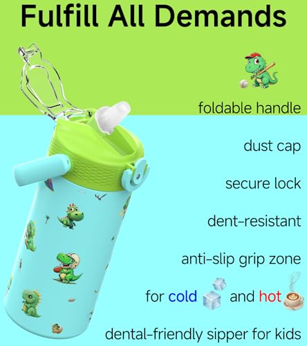 MYFOREST 14oz/400ml Insulated Kids Water Bottle, Odor-free Liner, 3D Touch | No Plastic Taste, Surgical Steel - No Chemical Leaching, Name Spot, Soft Sipper, Gift for Dino Fan, Blue. Dinosaurs - color: Blue. Dinosaurs