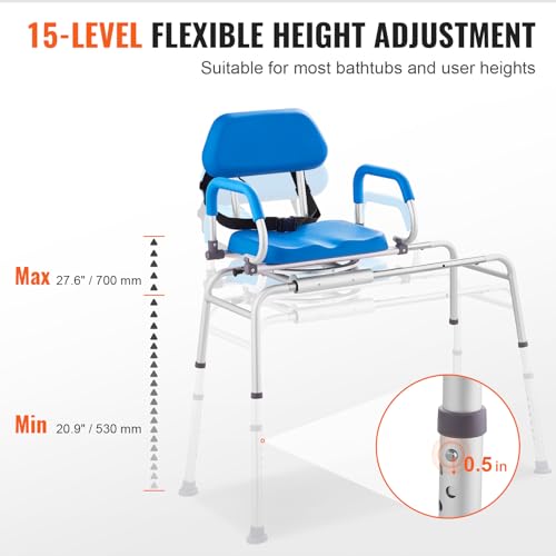 VEVOR Sliding Tub Transfer Bench with 360 Degree Swivel Seat, Sliding Shower Chair with Pivoting Armrest & Padded Seat and Safety Belt, Height Adjustable Bath Chair for Elderly Disabled, 330LBS