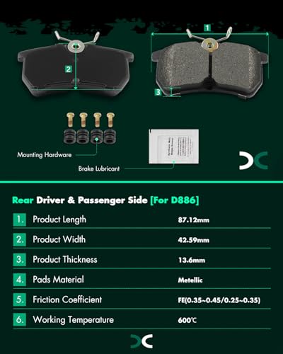 SCITOO D886 Rear Metal Brake Pads Sets w/Hardware Replacement For Ford For Fiesta 2014-2019,For Ford For Focus 2001-2007 - size: Rear D886-7763