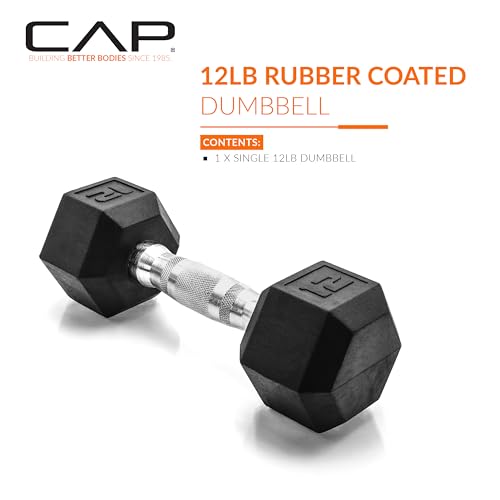 CAP Rubber Coated Dumbbell Weights, Free Weights for Home Gym Strength Training, Anti-Roll Hex Dumbbells with Black, Chrome & Comfort Grip Handles, Singles - size: 12 lb, style: Chrome Handle