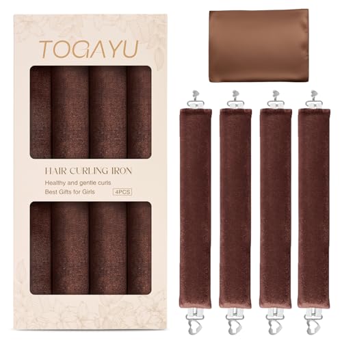 Heatless Curls Overnight Hair Care Set - Jumbo Velvet Hair Curlers | No Heat Hair Rollers for Women, Comfortable Sleep-In Hair Rollers with Satin Scarf, No Heat Damage Curling Rods for All Hair - color: Brown-4PCS