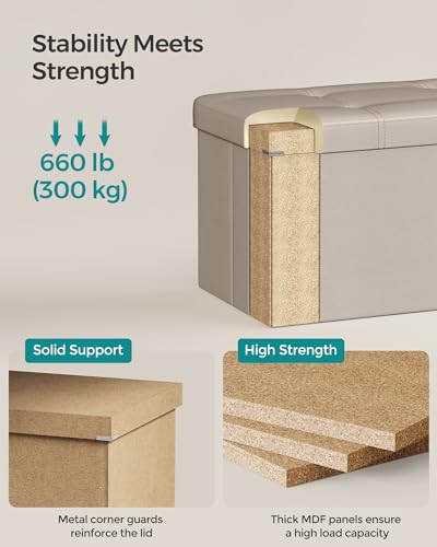 SONGMICS Mazie Collection - 43 Inches Folding Storage Ottoman Bench, Ottoman with Storage, Foot Rest Stool, Load 660 lb, for Living Room, Synthetic Leather, Camel Brown ULSF070K03 - color: Camel Brown, size: 15"D x 43"W x 15"H