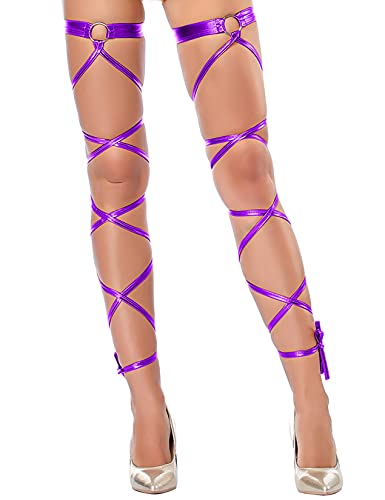 Sexy Women Leg Wraps Gothic Shiny Metallic with O-Ring Non-Slip Garter Festival Raves Dancing Party - color: Purple