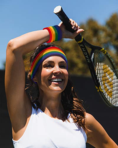 Suddora Striped Sweatband Set, Moisture Wicking 2 Wristbands and 1 Headband, Breathable Athletic Sweat Bands for Sports, Costumes & Cosplay, Matching Bands to Wear with Jersey - color: Rainbow