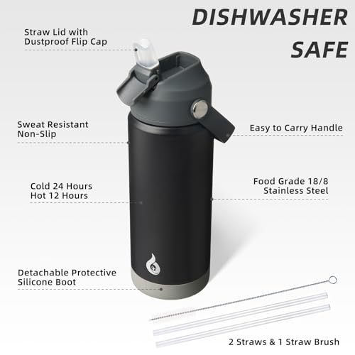 BJPKPK Insulated Water Bottle with Straw Lid, 18oz Thermo Water Bottles with Soft Nozzle, Flex Handle & Non-slip Boot, BPA Free Leak Proof Stainless Steel Metal Thermo, Tumblers, Cups,Black - color: Black, size: 18 Ounces