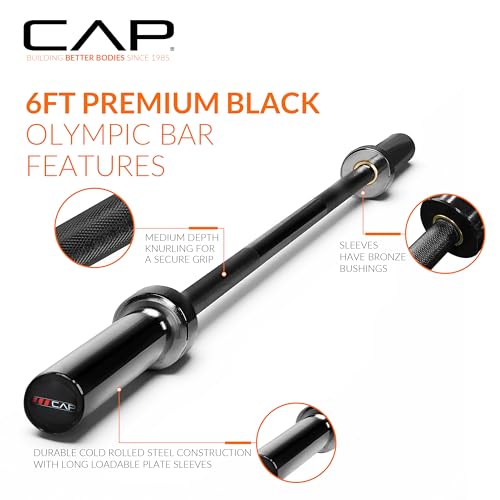 CAP Olympic Barbell - 5FT, 6FT, & 7FT Strength Training Weight Bars, Multiple Options - size: 6 ft (72") - Black, style: Elite