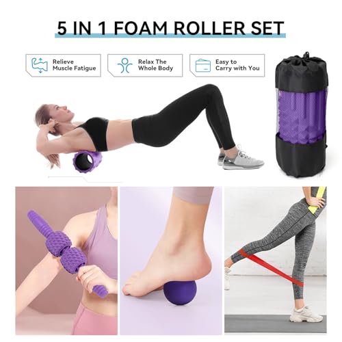 5 in 1 Foam Roller Set, High Density Patented Exercise Roller | Deep Tissue Massage Roller Stick, Massage Ball, Resistance Band for Pilates, Yoga, Whole Body Fitness Exercise, Purple - color: Purple
