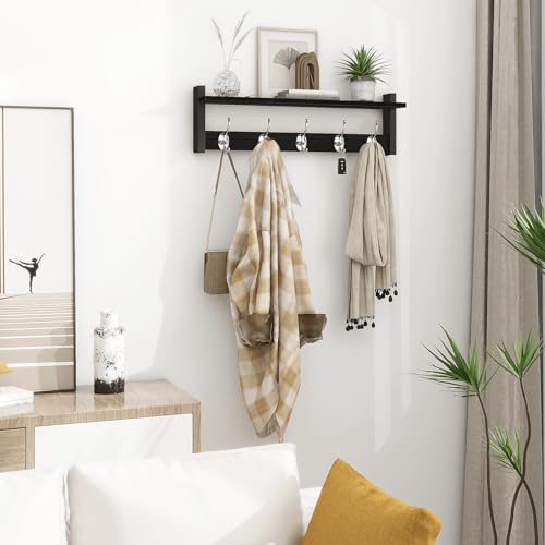 Homode Coat Rack Wall Mount with Shelf, 24" Long Entryway Shelf with Hooks Underneath, Wooden Coat Hanger for Hanging Hats, Bathroom Towels, Clothes, Black - color: Black, size: 24 Inch Long