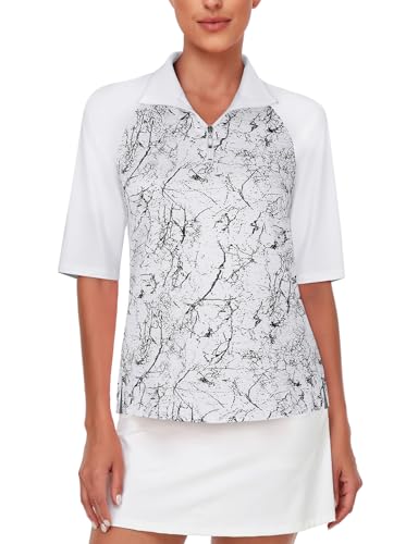 Cucuchy Womens Golf Shirt Half Sleeve Quarter Zip Polo Tennis Shirts Workout Tops - color: A-marble White, size: XX-Large