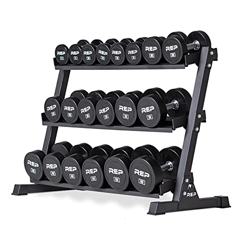 REP Fitness Urethane Coated Round Dumbbells, 5 to 100 lbs, Singles or Pairs, With or Without Rack, Steel Core, Rubber Encased, Chrome Handles, Professional Weights for Home Gym Strength Training - style: 5-50 lb set with 3 Tier Rack