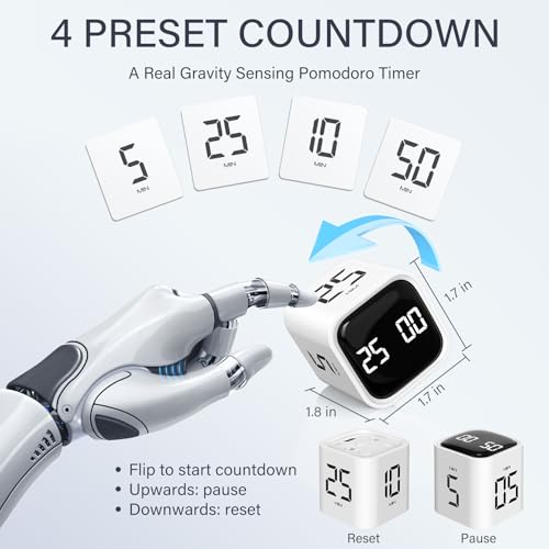 Rotating Pomodoro Timer 5, 25, 10 50 Minutes Preset, Desk Productivity Flip Timer, ADHD Tool Cube Countdown Stopwatch, Vibration/High/Low Volume/Custom Modes, for Work, Study, Back to School, White - color: White