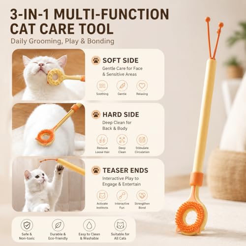 3-in-1 Cat Scratcher & Massage Stick with Teaser Tassel, Dual-Sided Grooming Brush, Handheld Tool for Loose Fur, Indoor Cats