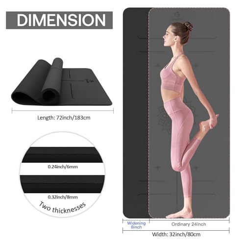 Gruper Yoga Mat Non Slip TPE Extra Wide Yoga Mat with Alignment Mark, 72"L x 32"W x 0.32"/0.24"Th (183cm x 80cm x 8mm/6mm), Anti-Tear Exercise Mat with Carrying Strap and Bag, Workout Mats for Yoga, Pilates - color: Black, size: 0.32*32*72 Inches