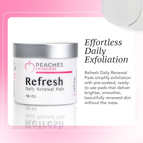 Peaches Skin Care Refresh Renewal Pads - Gentle Exfoliating Pads, 50 Count | Daily exfoliating pads for face and neck with willow bark, hyaluronic acid, niacinamide and AHA fruit blend