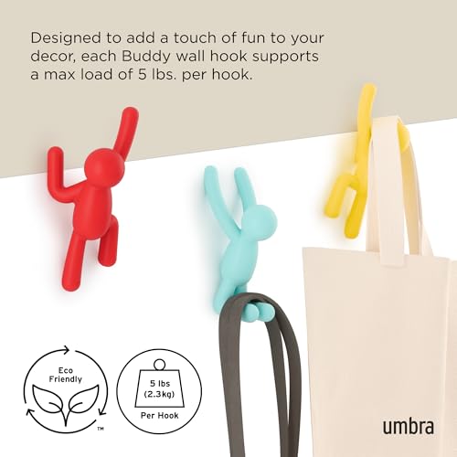 Umbra Buddy Wall Hooks – Decorative Wall Mounted Coat Hooks for Hanging Coats, Scarves, Bags, Purses, Backpacks, Towels and More, Set of 3, Red/Blue/Yellow - color: Red/Blue/Yellow