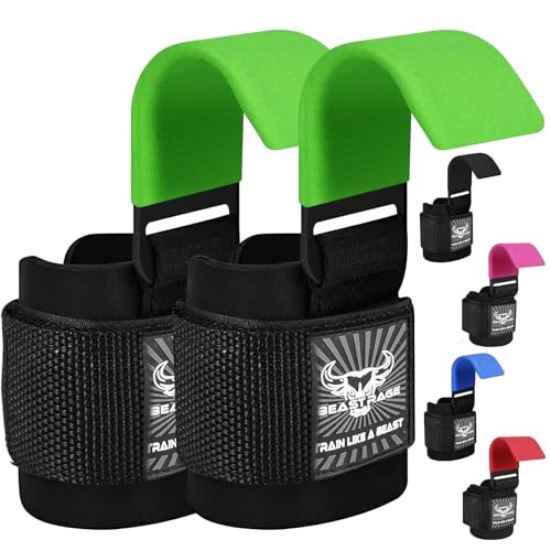 BEAST RAGE Weight Lifting Hooks (Pairs) for Men Anti Slip Durable Coated Grip Wrist Straps for Pull Ups Deadlift Strength Fitness Bodybuilding Women Hook Exercise - color: Green