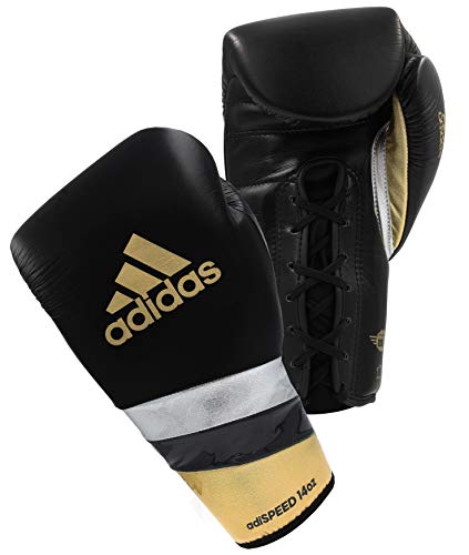 adidas Speed 500 Pro Boxing Gloves – Genuine Leather Training Gloves for Men & Women, Lace-Up Heavy Bag & Kickboxing Gloves - color: BLACK/GOLD/SILVER, size: 12 oz
