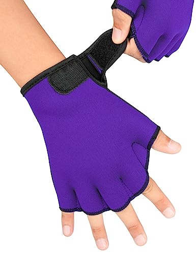 FitsT4 Sports Aqua Gloves Webbed Paddle Swim Gloves Fitness Water Aerobics - color: Purple, size: Small