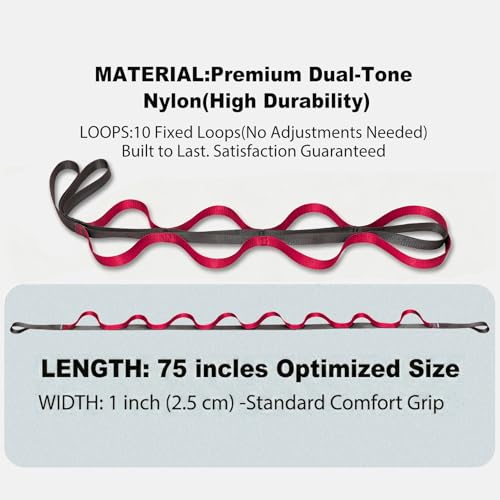 Acozycoo Stretching Strap with Loops,Non-Elastic Yoga Strap for Physical Therapy,Knee Replacement Recovery & Plantar Fasciitis,Leg Stretcher Band for Flexibility & Hamstring Rehab - color: Red