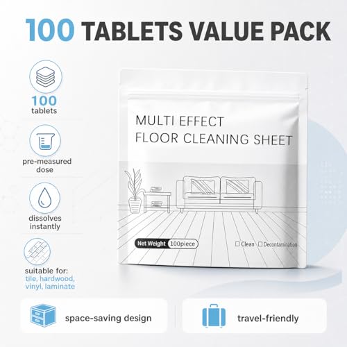 Multi-Surface Floor Cleaning Tablets, 100PCS Concentrated Floor Cleaner Tablets for Hardwood, Tile, Laminate & Vinyl Floors, Dissolvable Mop Cleaning Solution for Home & Kitchen Use