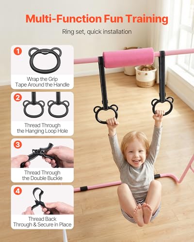 VEVOR Gymnastic Bars for Kids, 140 lbs Capacity Folding Training Kip Bar with Mat, 5 Adjustable Height Gymnastic Horizontal Bar Home, Training Equipment for Indoor Outdoor, Easy Assemble - color: Pink