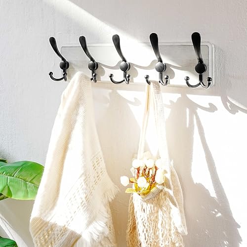 Dseap Coat Rack Wall Mounted - 5 Tri Hooks, Heavy Duty, Wooden Wall Coat Hanger Coat Hook for Clothes Hat Jacket Clothing, White & Black - color: White & Black, size: L=17.4"