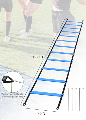 Hands Free Speed Agility Training Equipment Set - 20ft Agility Ladder, 10 Disc Cones, Resistance Parachute, 5 Resistance Bands & Carry Bag | Football Soccer Basketball Fitness Drills - color: Blue