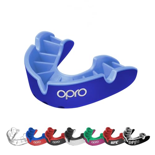 OPRO Silver Level Moldable Mouth Guard Essential Fit (Dark Blue/Blue) Adult & Kids Boxing Mouthguard for MMA & Impact Sports, Self-Fit Mouth Guard for Sports, Football & Hockey - Includes Case - color: Dark Blue/Blue, size: Adult (Age 10+)