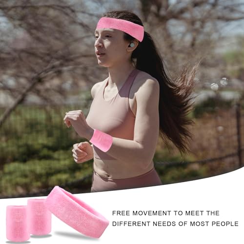 BLMHTWO 3 Pieces of Sweat Band Set, Headbands for Men Kids Sweatbands Including 1 Headband and 2 Wristbands Black Cotton Super Soft and Comfy Sweatband for Tennis Working Out Boxing Gym - color: pink
