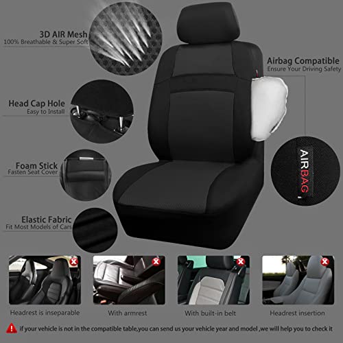CAR PASS 3D Air Mesh Car Seat Covers Full Sets w/5mm Sponge, 4Pcs Waterproof Car Floor Mats, Steering Wheel Cover Universal Fit for SUV Sedan Truck, Airbag Compatible Automotive Interior(Black) - color: Black combo