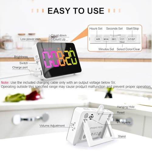 PERSUPER Kitchen Digital Timer, Count Down Up, Rechargeable, Vibration Mode Adjustable Volume and Brightness LED Display, Time Management Cook, Desk, Kids Adults Study Teaching, Kitchen Gadgets RGB - color: .Rgb