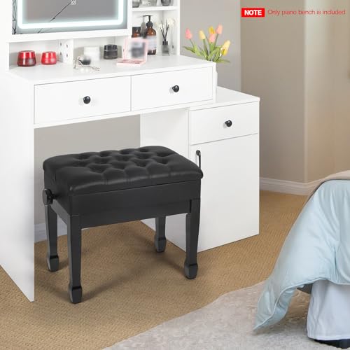 Adjustable Height Piano Bench with Storage, Heavy Duty Wooden Piano Stool Keyboard Bench with PU Leather Cushion, Black - color: Black Matte