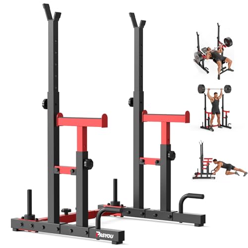 PASYOU Adjustable Squat Power Rack for Home Gym | Adjustable Free Weight Racks, Dual Steel Frame, Push-up Handles, with Dumbbell Storage, Heavy Strength Training for Home Gym - color: Red