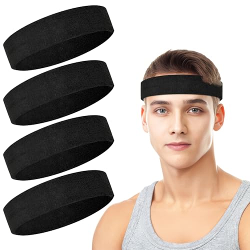 4 Pack Cotton Terry Sweat Headbands for Men Women Running Gym | 4 pack soft cotton terry headbands, Stretch 7 to 15 inches, Sweat-wicking, stays put for running, tennis, basketball & yoga - color: Black