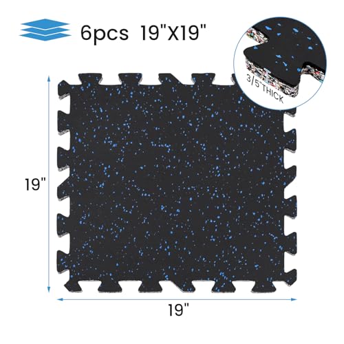 Upgraded 100% Rubber Flooring 0.6in Extra Thick - Interlocking Puzzle Floor Tiles for Home Gym Heavy Workout Equipment - Rubber Floor Tiles Non-Slip - Noise Reduction & Shock Bsorption - 6Pcs