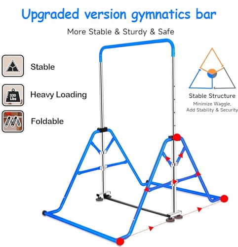 Gymnastics Horizontal Bar, Junior Training Kip Bar Gymnastics Equipment for Home, Adjustable Telescopic Height Folding Horizontal Bar with Gymnastic Rings for 3-12 Years Old Kids - color: Blue